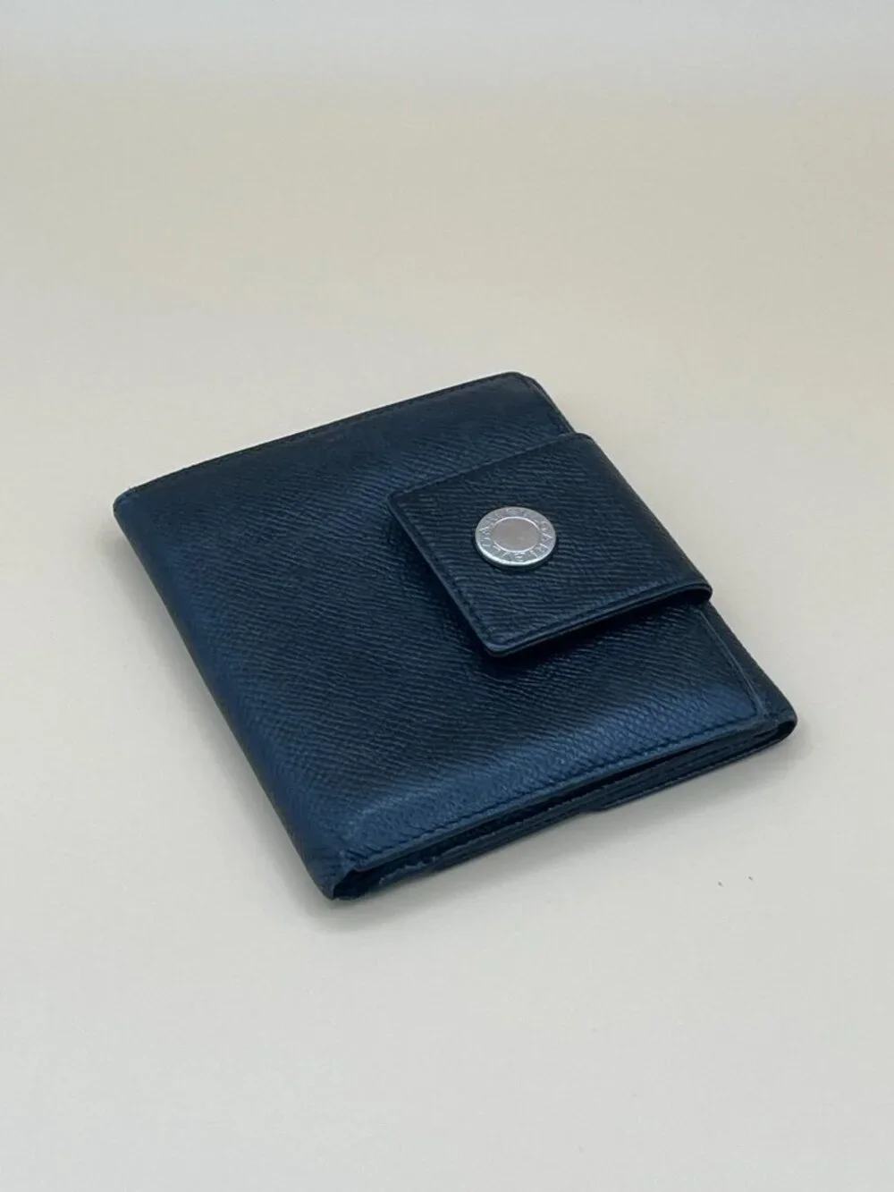 Bvlgari Bvlgari Logo Black Grained Leather Compact Trifold Wallet Silver Snap